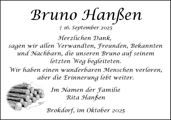 Traueranzeige von Bruno Hanßen von Norddeutsche Rundschau, Wilstersche Zeitung, Glückstädter Fortuna