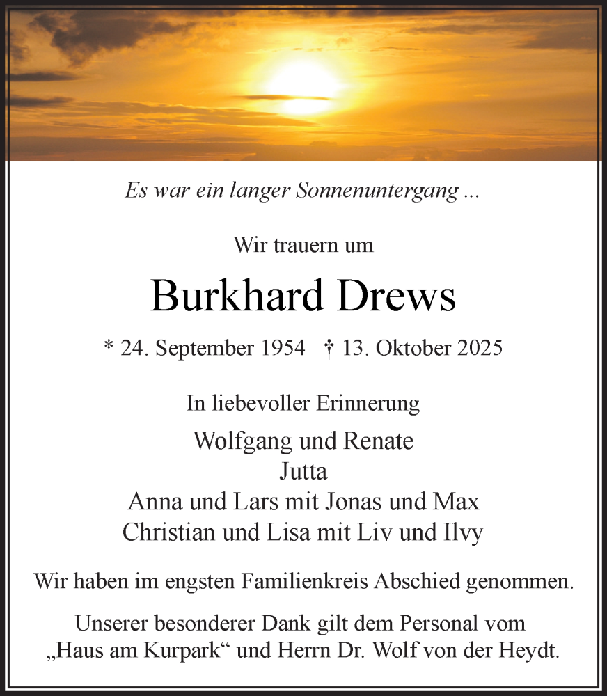  Traueranzeige für Burkhard Drews vom 01.11.2025 aus MARKT Bad Oldesloe/Reinfeld und Stormarner Tageblatt