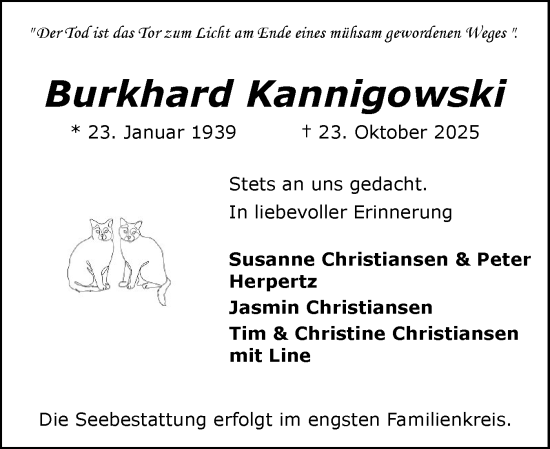 Traueranzeige von Burkhard Kannigowski von Flensburger Tageblatt