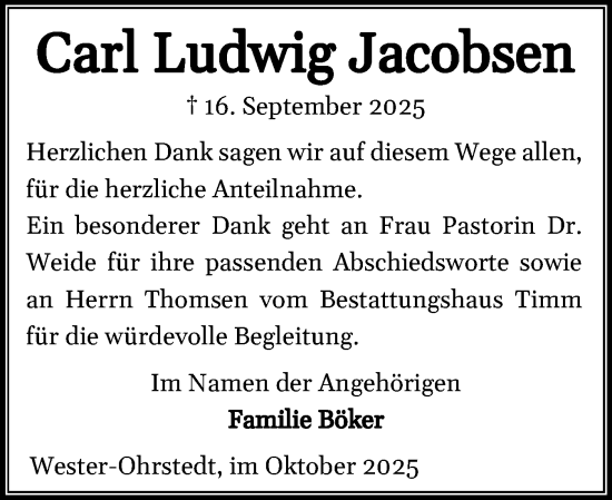 Traueranzeige von Carl Ludwig Jacobsen von Husumer Nachrichten, Nordfriesland Tageblatt