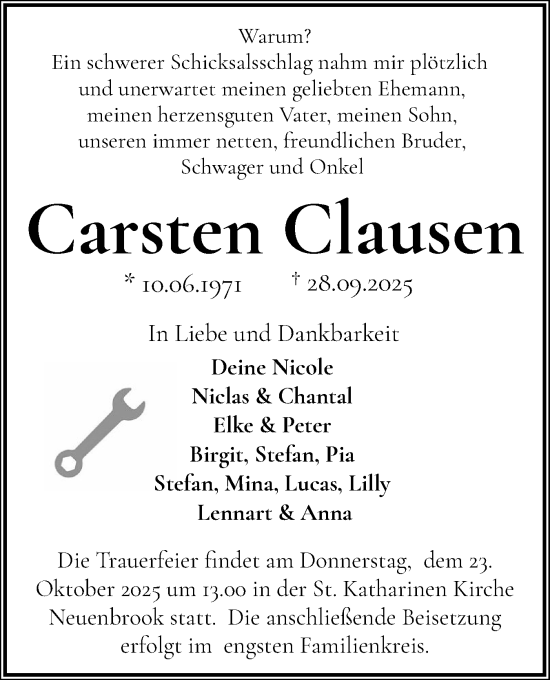 Traueranzeige von Carsten Clausen von Norddeutsche Rundschau, Wilstersche Zeitung, Glückstädter Fortuna