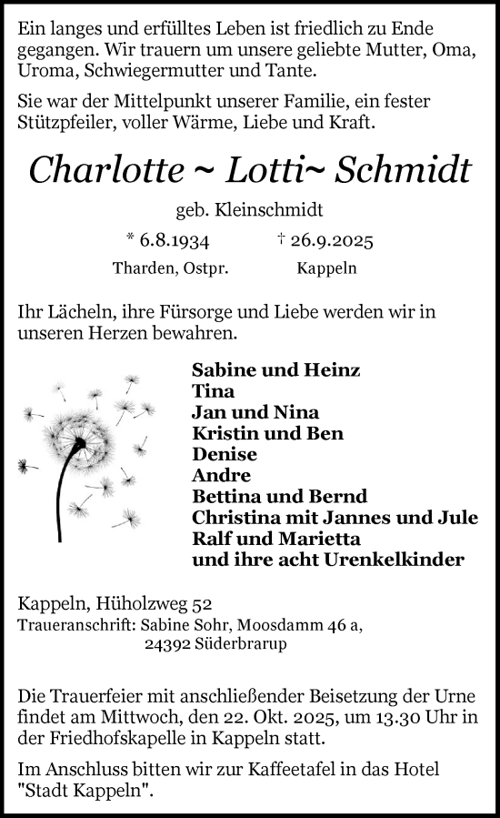 Traueranzeige von Charlotte Schmidt von Schleswiger Nachrichten, Schlei-Bote