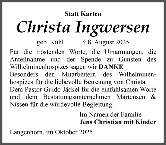 Traueranzeige von Christa Ingwersen von Husumer Nachrichten, Nordfriesland Tageblatt