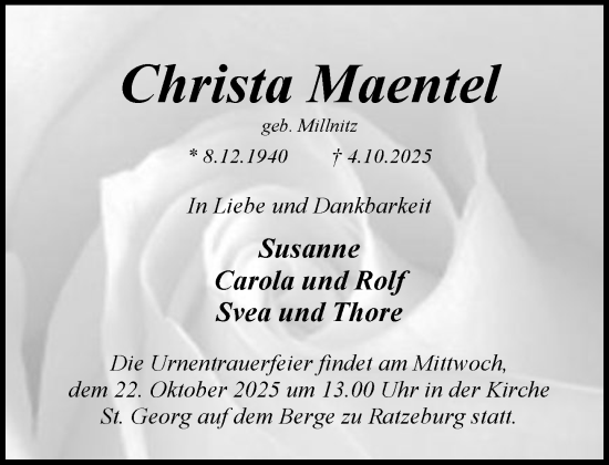 Traueranzeige von Christa Maentel von MARKT Ratzeburg/Mölln