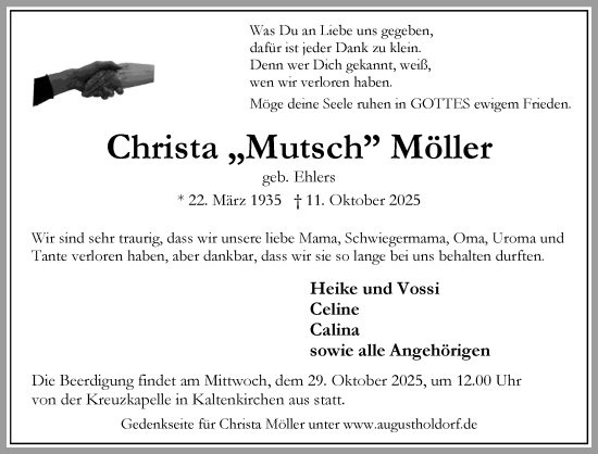 Traueranzeige von Christa Möller von Umschau