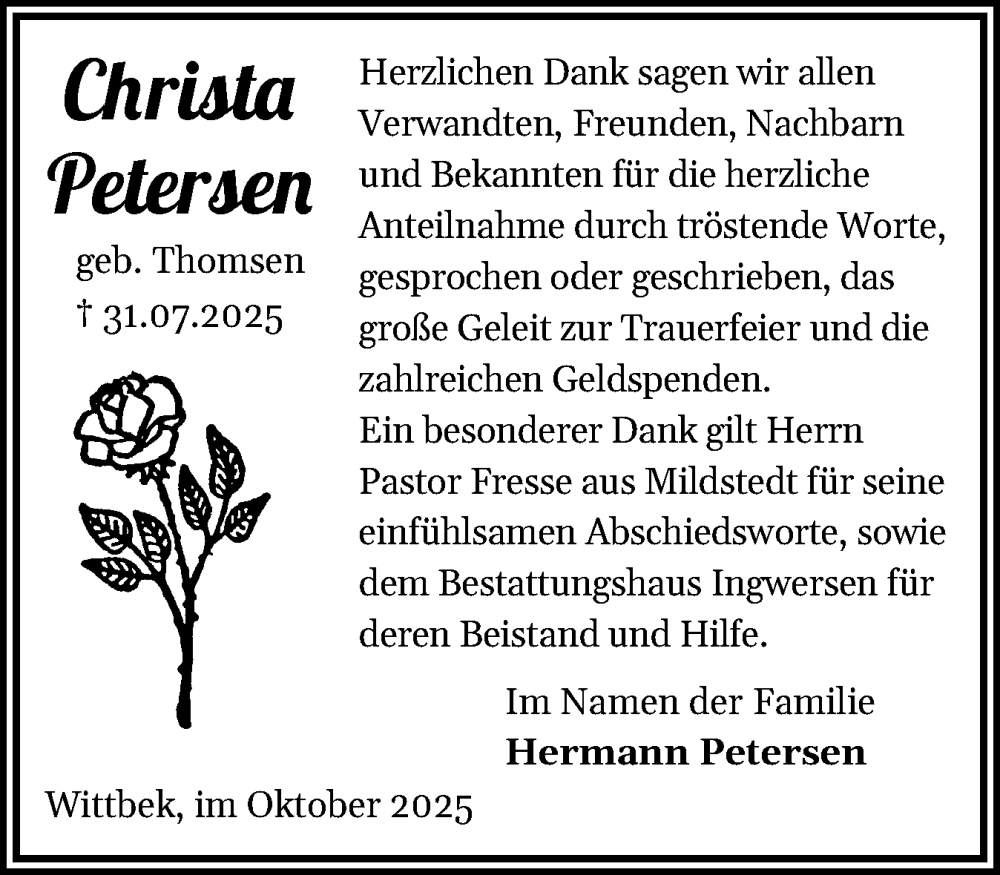  Traueranzeige für Christa Petersen vom 30.10.2025 aus Husumer Nachrichten, Nordfriesland Tageblatt