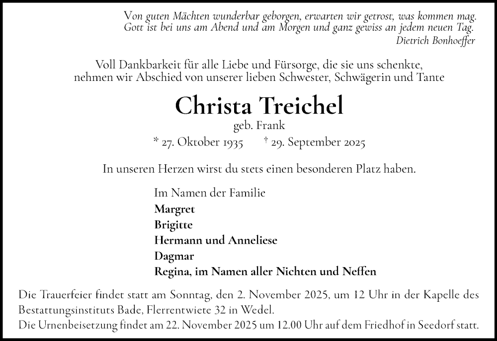  Traueranzeige für Christa Treichel vom 18.10.2025 aus MARKT Ratzeburg/Mölln