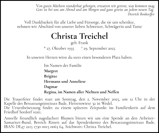Traueranzeige von Christa Treichel von Wedel-Schulauer Tageblatt, tip Wedel-Schulauer Tageblatt, tip Rissener Rundschau