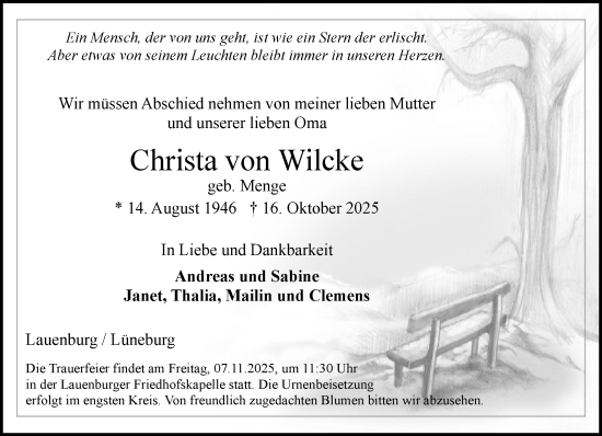 Traueranzeige von Christa von Wilcke von Wochenend Anzeiger