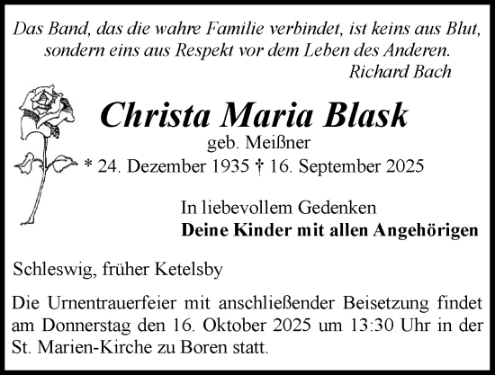 Traueranzeige von Christa Maria Blask von Schleswiger Nachrichten, Schlei-Bote