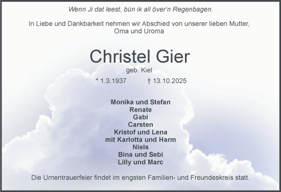 Traueranzeige von Christel Gier von Holsteinischer Courier