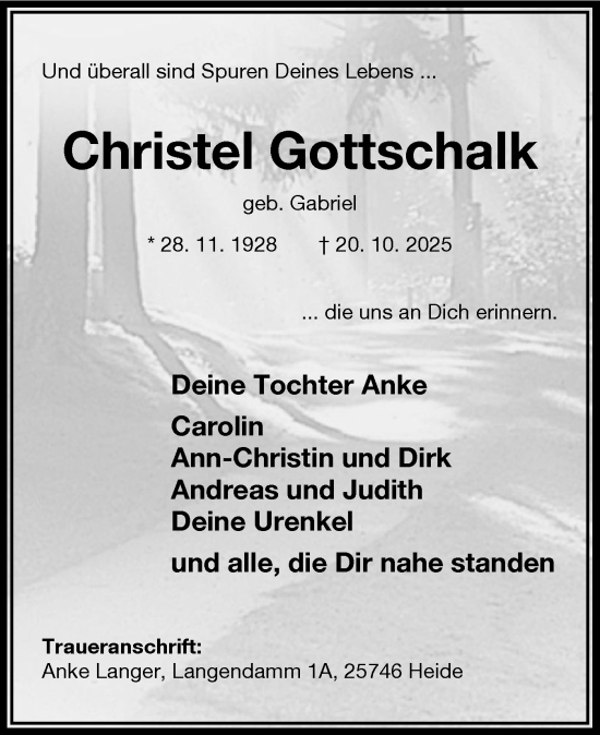 Traueranzeige von Christel Gottschalk von Schleswig-Holsteinische Landeszeitung