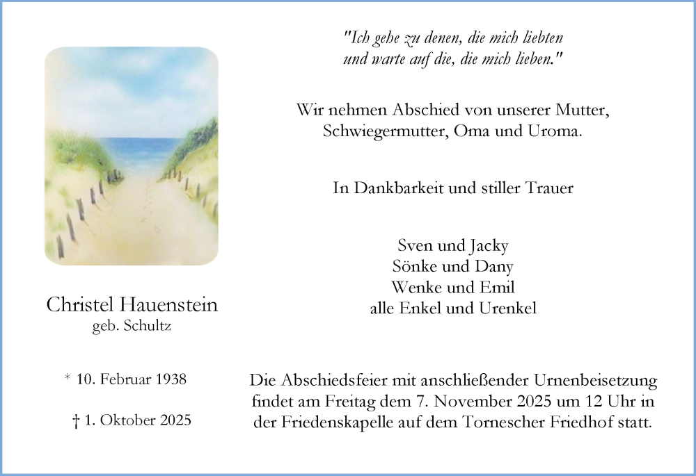  Traueranzeige für Christel Hauenstein vom 01.11.2025 aus Uetersener Nachrichten, Der tip am Wochenende