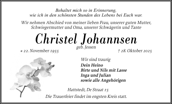 Traueranzeige von Christel Johannsen von Husumer Nachrichten, Nordfriesland Tageblatt