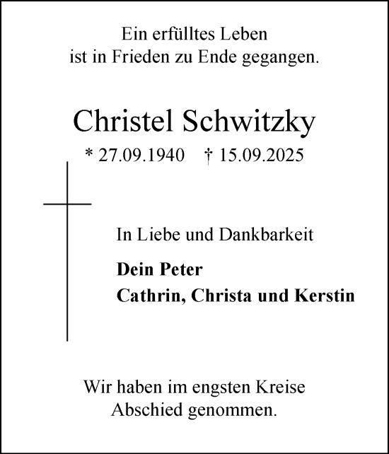 Traueranzeige von Christel Schwitzky von Elmshorner Nachrichten, Barmstedter Zeitung