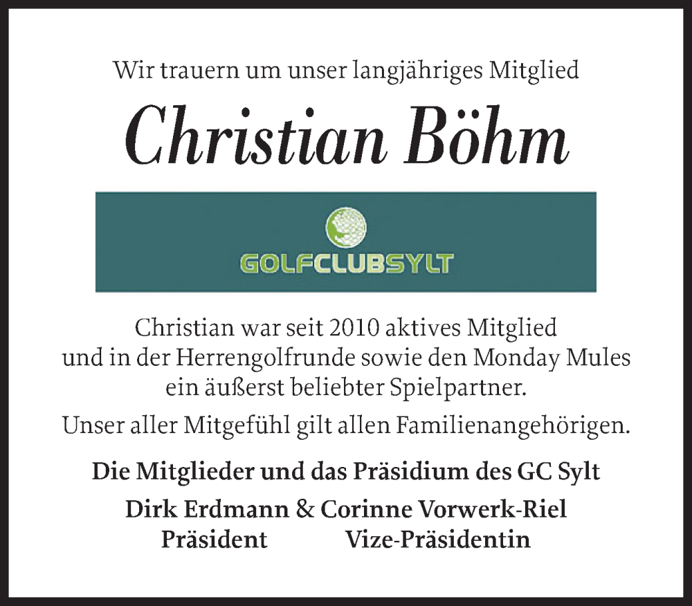  Traueranzeige für Christian Böhm vom 01.11.2025 aus Sylter Rundschau