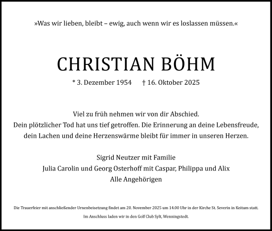 Traueranzeige von Christian Böhm von Sylter Rundschau