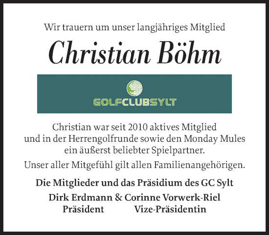 Traueranzeige von Christian Böhm von Sylter Rundschau