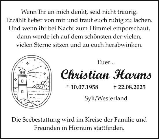 Traueranzeige von Christian Harms von Sylter Rundschau