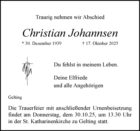 Traueranzeige von Christian Johannsen von Flensburger Tageblatt