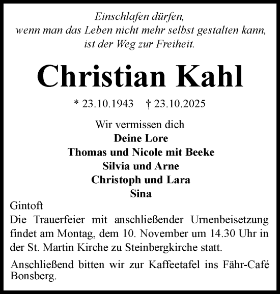 Traueranzeige von Christian Kahl von Flensburger Tageblatt