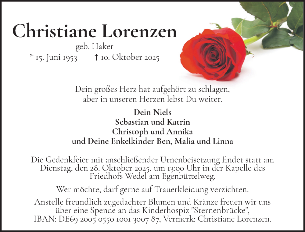  Traueranzeige für Christiane Lorenzen vom 18.10.2025 aus Wedel-Schulauer Tageblatt, tip Wedel-Schulauer Tageblatt, tip Rissener Rundschau