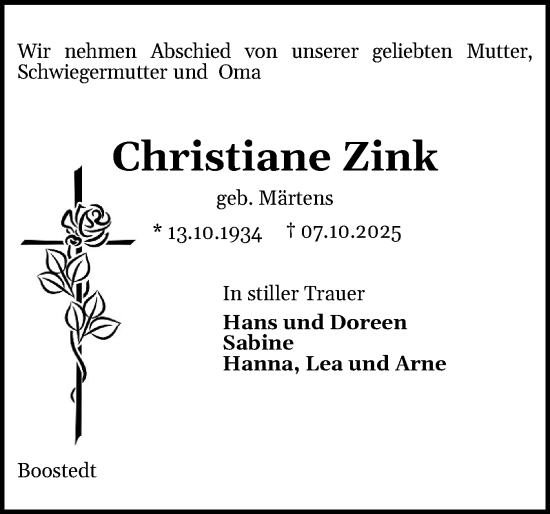 Traueranzeige von Christiane Zink von Holsteinischer Courier