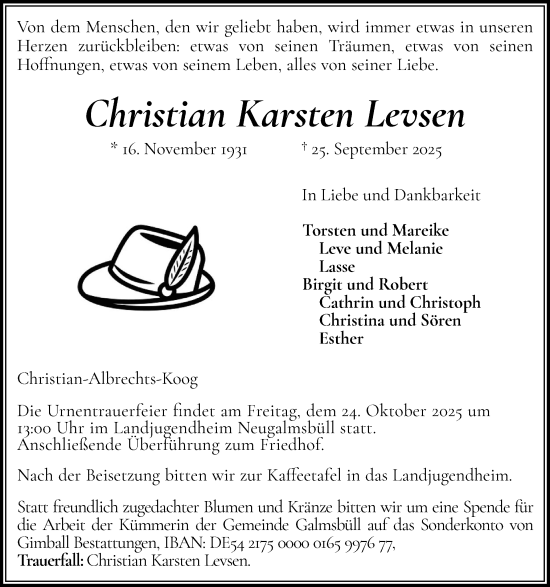 Traueranzeige von Christian Karsten Levsen von Husumer Nachrichten, Nordfriesland Tageblatt