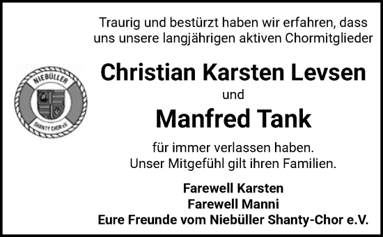 Traueranzeige von Christian Karsten Levsen von Husumer Nachrichten, Nordfriesland Tageblatt
