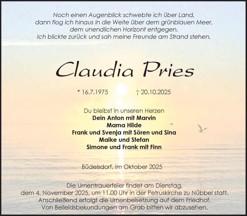  Traueranzeige für Claudia Pries vom 25.10.2025 aus Schleswig-Holsteinische Landeszeitung