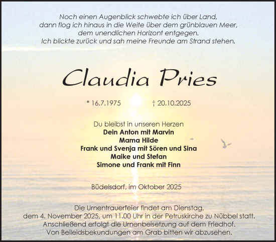Traueranzeige von Claudia Pries von Schleswig-Holsteinische Landeszeitung