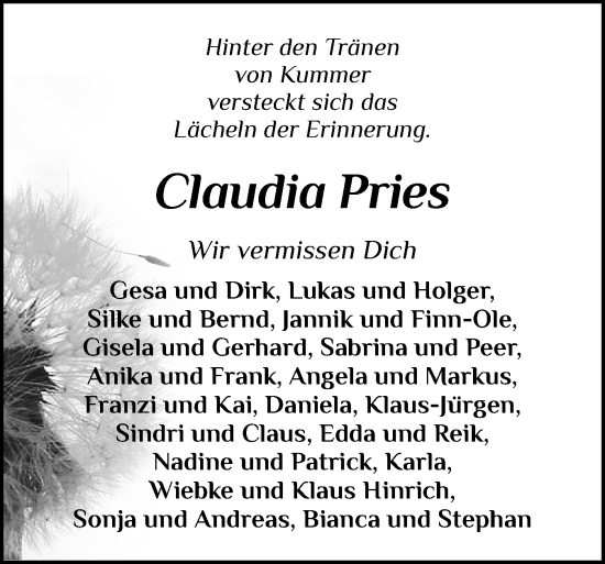 Traueranzeige von Claudia Pries von Schleswig-Holsteinische Landeszeitung