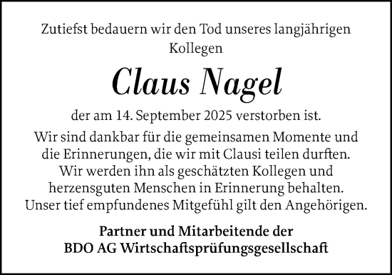 Traueranzeige von Claus Nagel von Flensburger Tageblatt