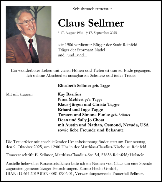 Traueranzeige von Claus Sellmer von MARKT Bad Oldesloe/Reinfeld und Stormarner Tageblatt