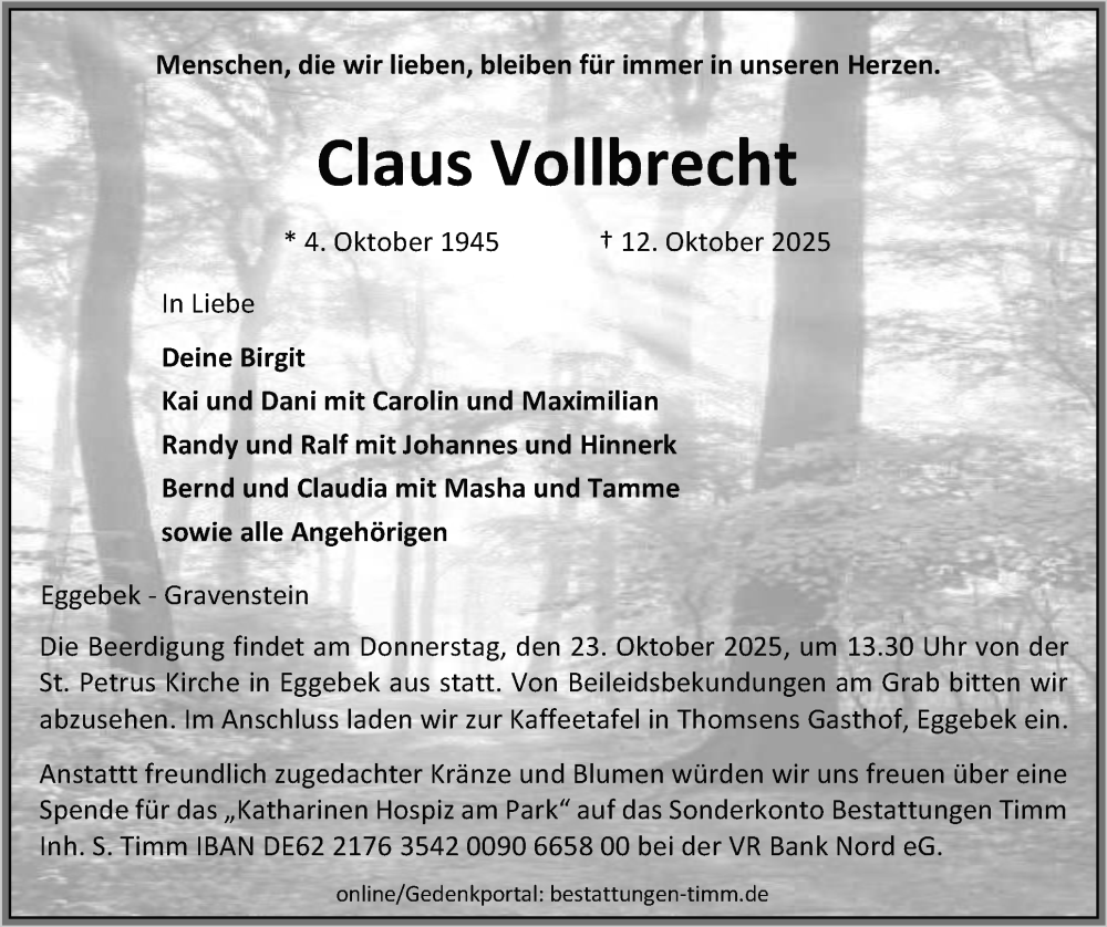  Traueranzeige für Claus Vollbrecht vom 18.10.2025 aus Flensburger Tageblatt, Schleswiger Nachrichten, Schlei-Bote