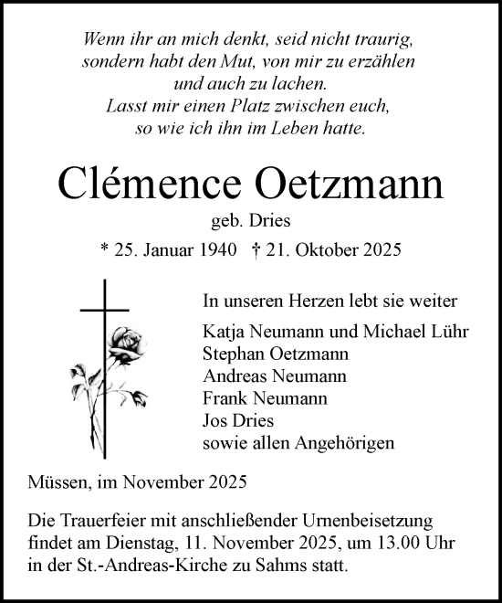 Traueranzeige von Clémence Oetzmann von Wochenend Anzeiger