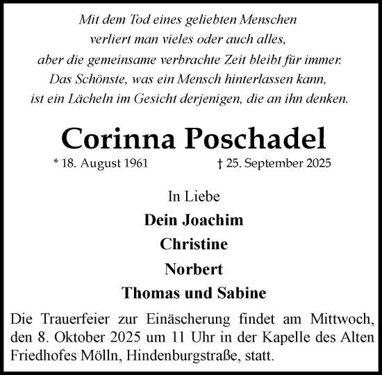 Traueranzeige von Corinna Poschadel von MARKT Ratzeburg/Mölln
