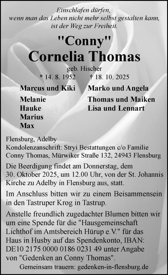 Traueranzeige von Cornelia Thomas von Flensburger Tageblatt, Schleswiger Nachrichten, Schlei-Bote