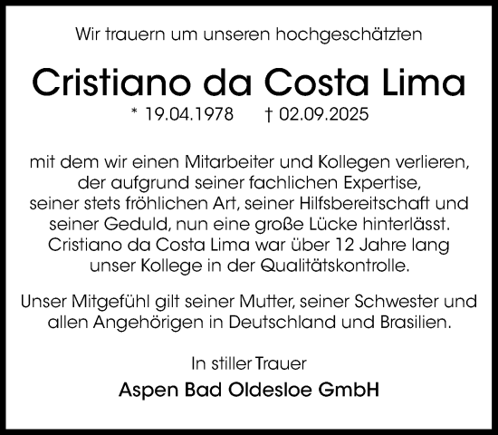 Traueranzeige von Cristiano da Costa Lima von MARKT Bad Oldesloe/Reinfeld und Stormarner Tageblatt