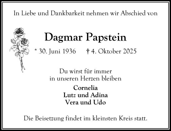 Traueranzeige von Dagmar Papstein von MARKT Bad Oldesloe/Reinfeld und Stormarner Tageblatt