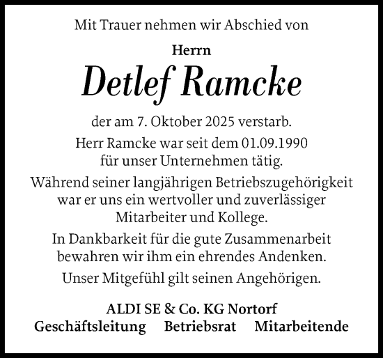 Traueranzeige von Detlef Ramcke von A.Beig Südausgabe