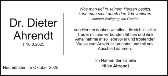 Traueranzeige von Dieter Ahrendt von Holsteinischer Courier