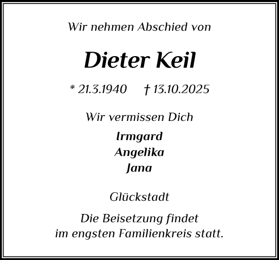 Traueranzeige von Dieter Keil von Norddeutsche Rundschau, Wilstersche Zeitung, Glückstädter Fortuna