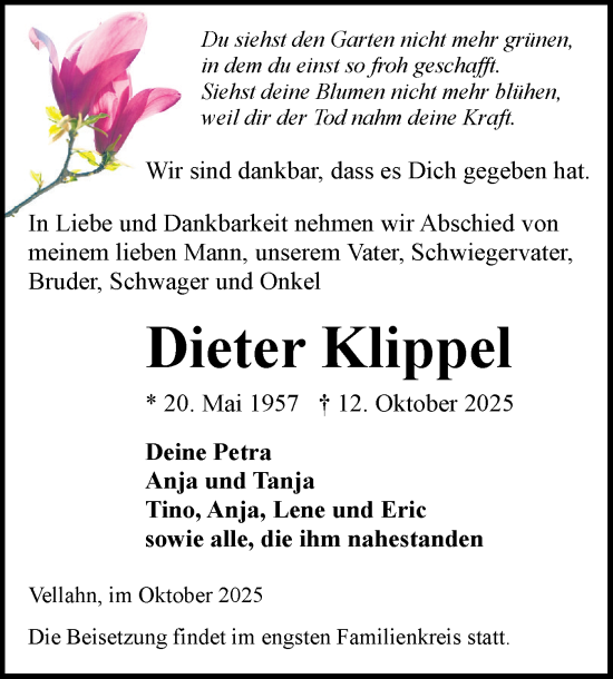 Traueranzeige von Dieter Klippel von Region Pinneberg und tip Pinneberg