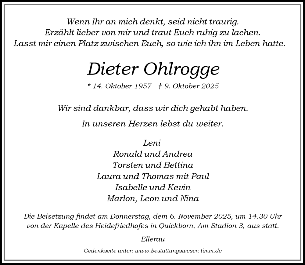  Traueranzeige für Dieter Ohlrogge vom 25.10.2025 aus Umschau