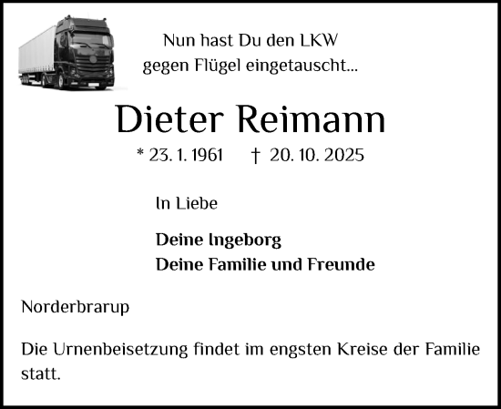 Traueranzeige von Dieter Reimann von Flensburger Tageblatt, Schleswiger Nachrichten, Schlei-Bote