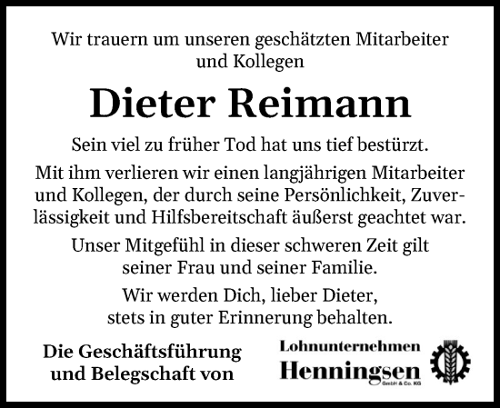 Traueranzeige von Dieter Reimann von Flensburger Tageblatt, Schleswiger Nachrichten, Schlei-Bote