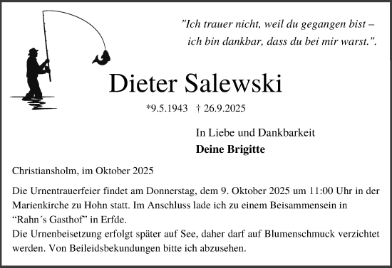 Traueranzeige von Dieter Salewski von Schleswig-Holsteinische Landeszeitung