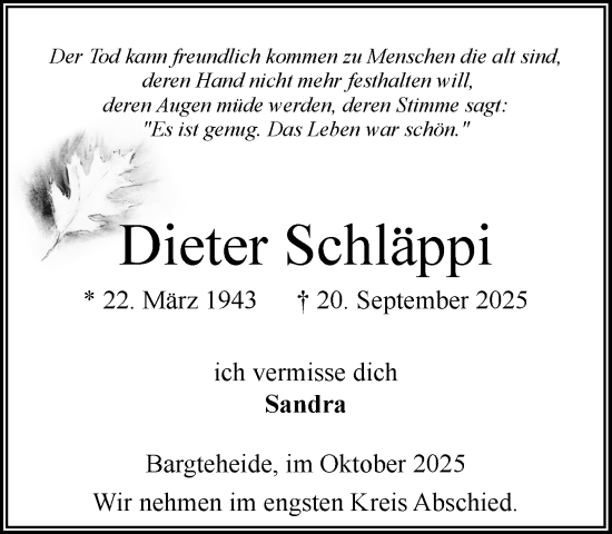 Traueranzeige von Dieter Schläppi von MARKT Ahrensburg/Bargteheide/Trittau und Stormarner Tageblatt