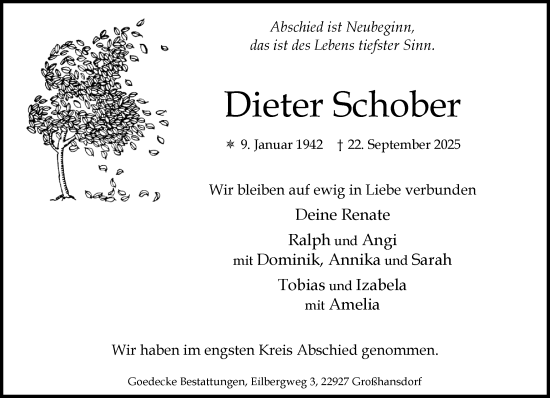 Traueranzeige von Dieter Schober von MARKT Ahrensburg/Bargteheide/Trittau und Stormarner Tageblatt